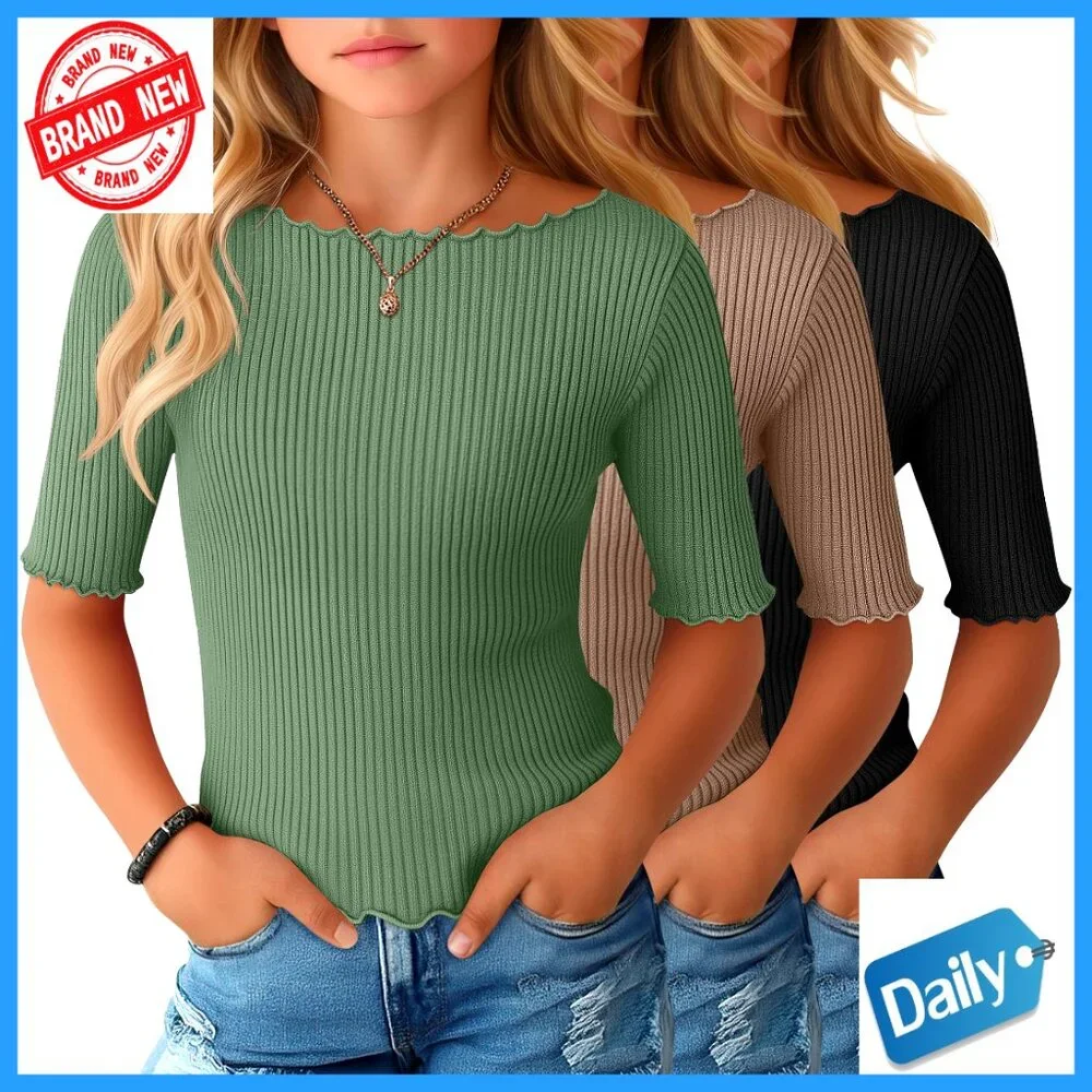 Girls Ribbed Half Sleeve Tees 3-Pack Boat Neck Lettuce Trim Tops Ages 5-16